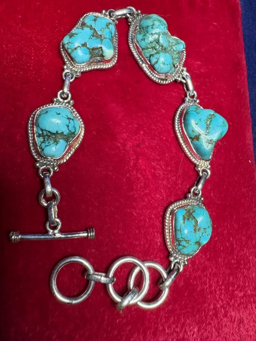 Bracelet Natural Raw Turquoise Stone Sterling Silver Link Bracelet Southwestern